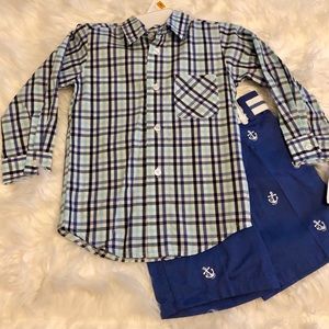 Good Lad 3T boys plaid button shirt & blue shorts.